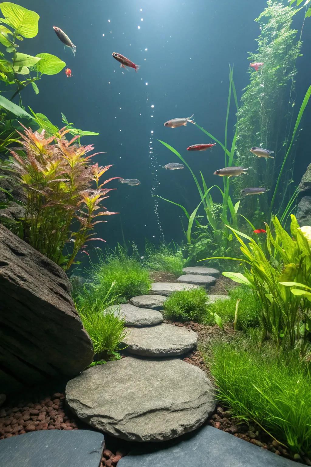 Suspended stone platforms create a distinctive aquascape.