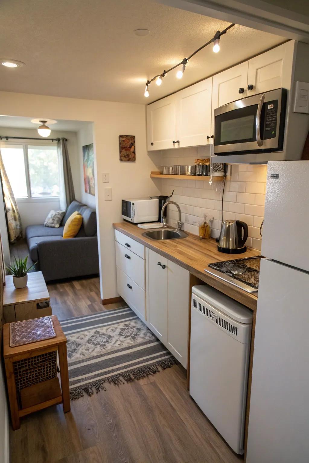 A well-organized mini-kitchen maximizes functionality in small rentals.