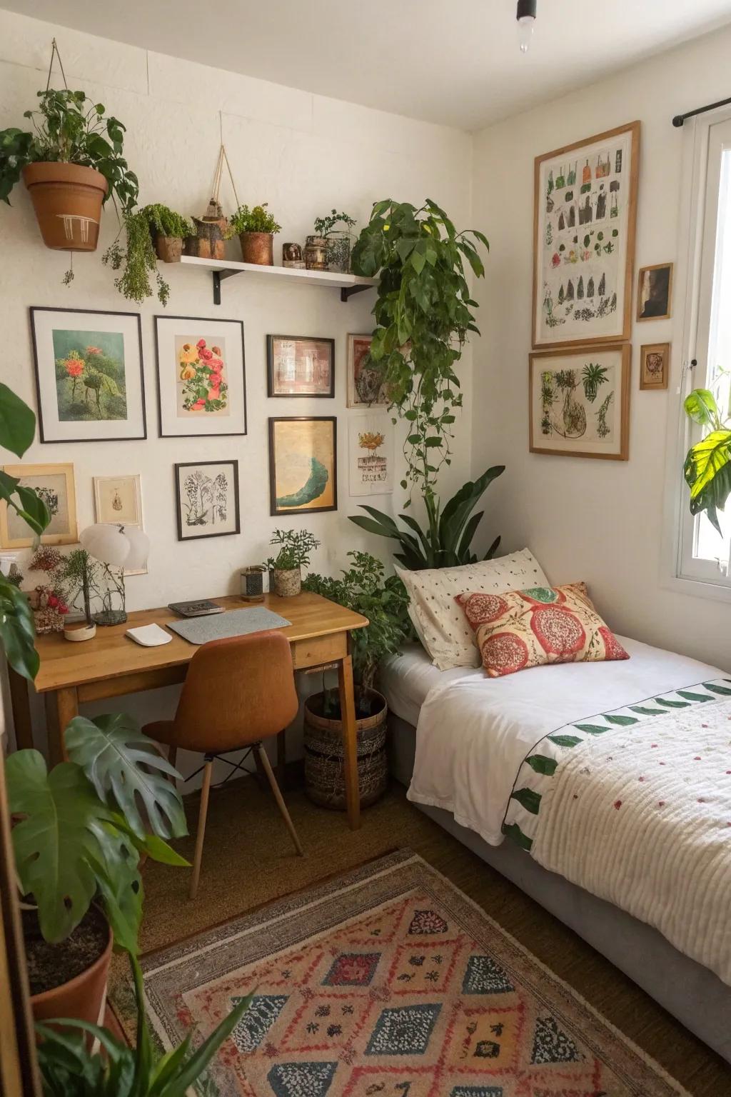 A small bedroom enhanced with plants and art for added personality.