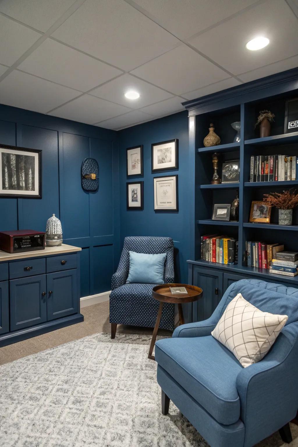 Using a monochrome color scheme with shades of blue creates a spacious and harmonious environment.
