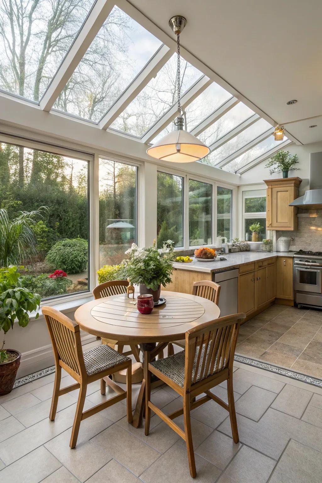 A dining nook adds functionality to the sunroom.