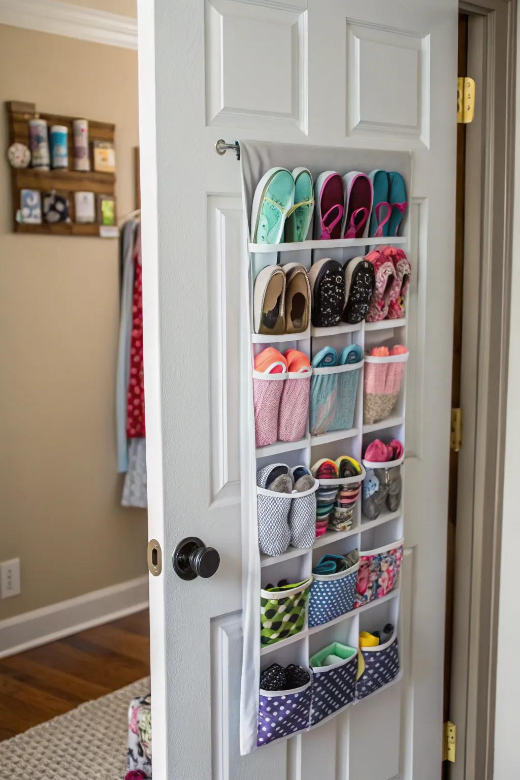 Over-the-door organizers provide additional storage space without sacrificing floor area.