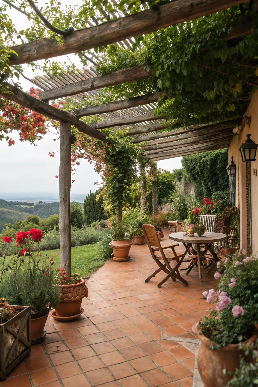 Earthenware pavers bring Mediterranean warmth to the pergola.