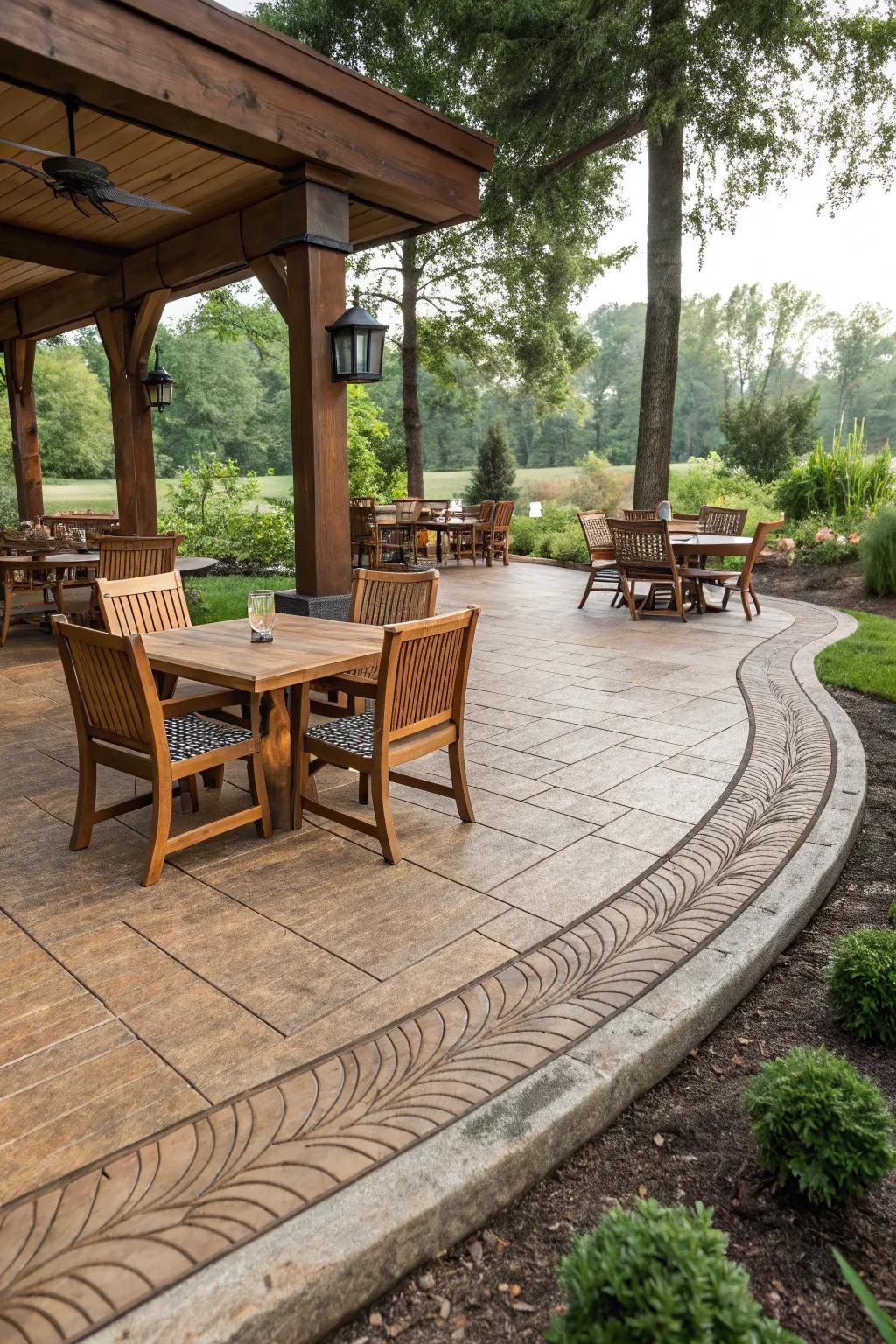 Rustic seating area with wood grain stamped concrete border