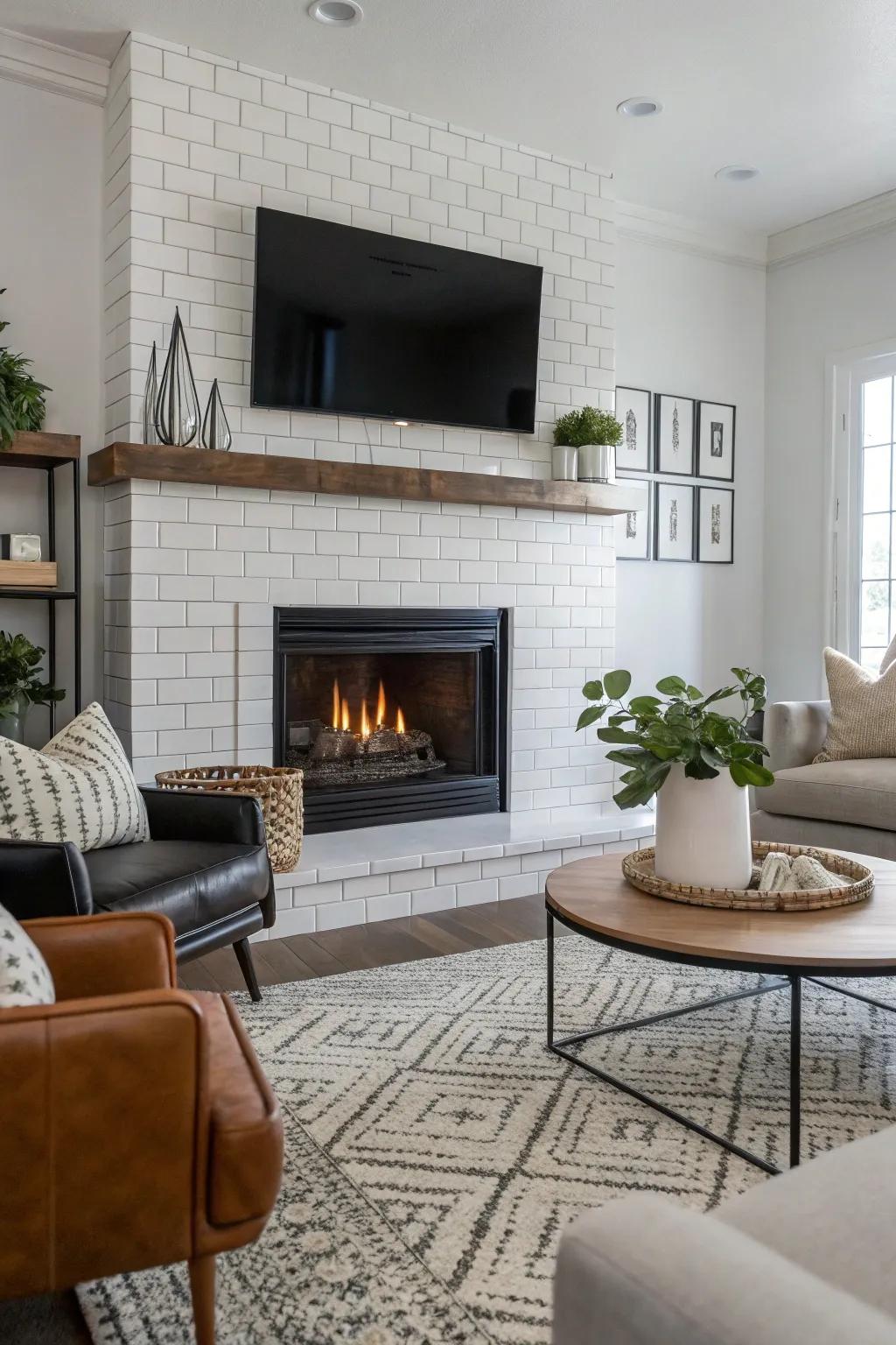 Glossy subway tiles bring a modern sheen to this contemporary fireplace.