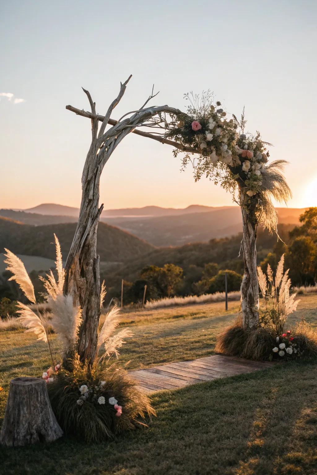 A unique wedding arch of driftwood and pampas grass at sunset.