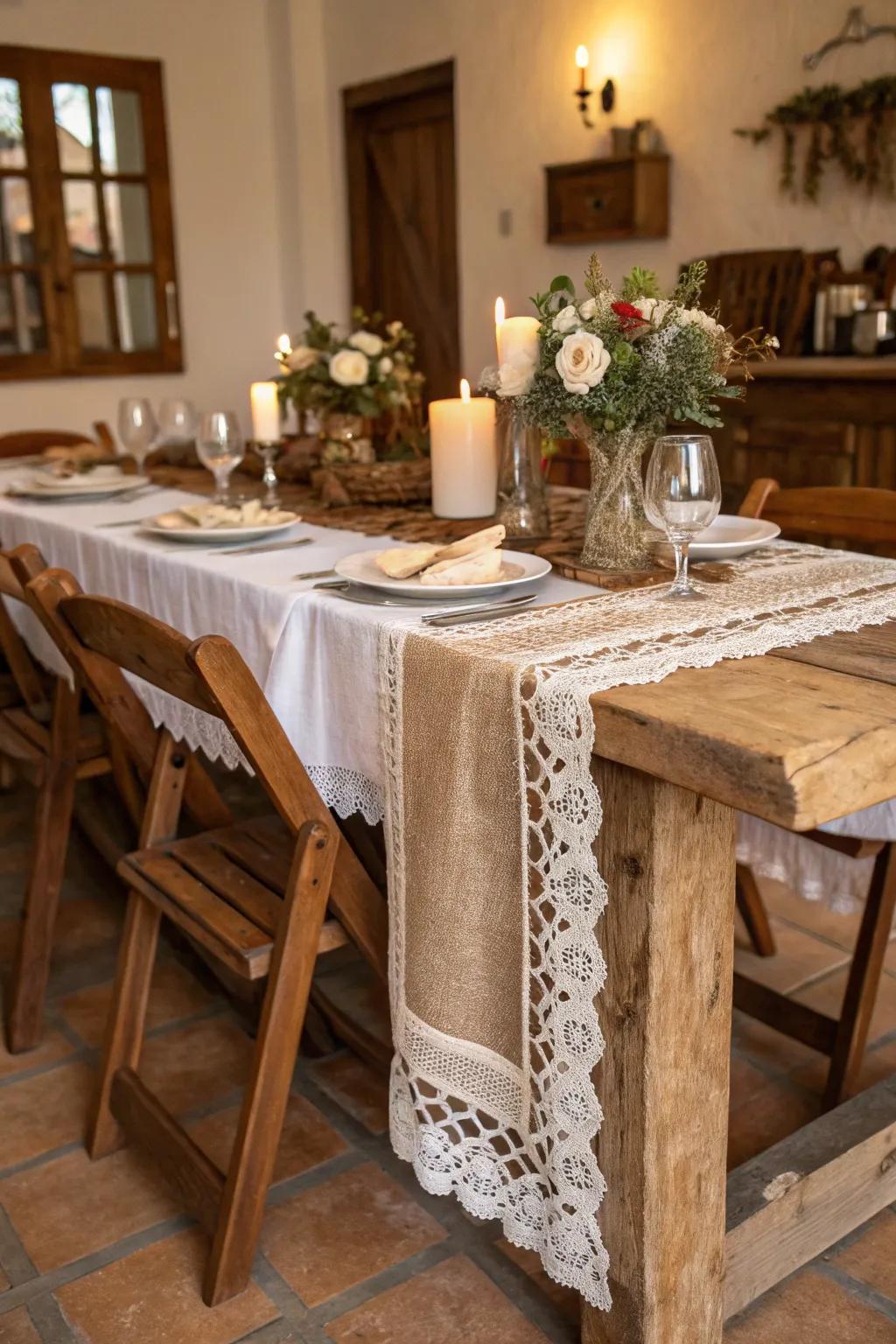 A rustic table setting with wood, burlap, and lace elements.