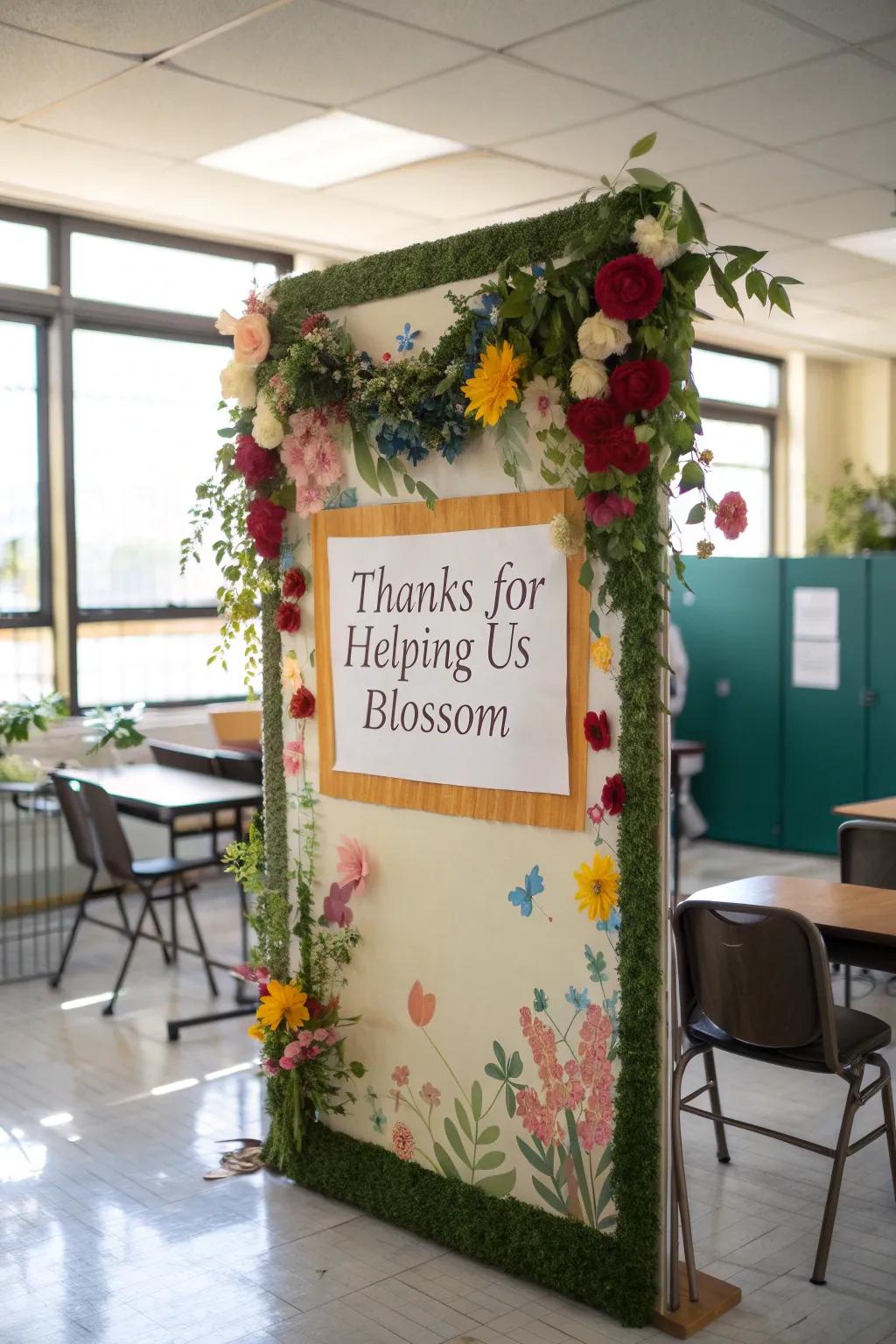 Floral-themed board thanking teachers for helping students blossom.