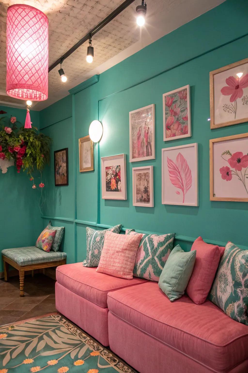 Teal walls with playful pink accents for a vibrant space.