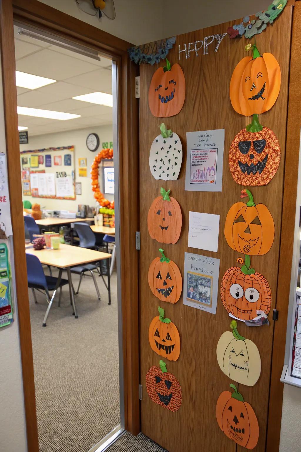 A lively pumpkin patch door display celebrating the harvest season.