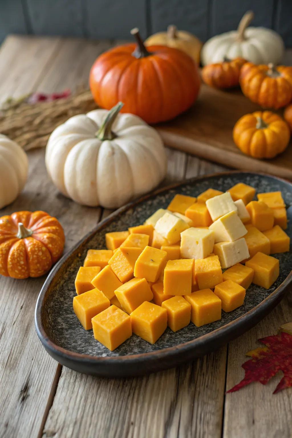 An attractive cheese and pumpkin tray highlights autumn colors.