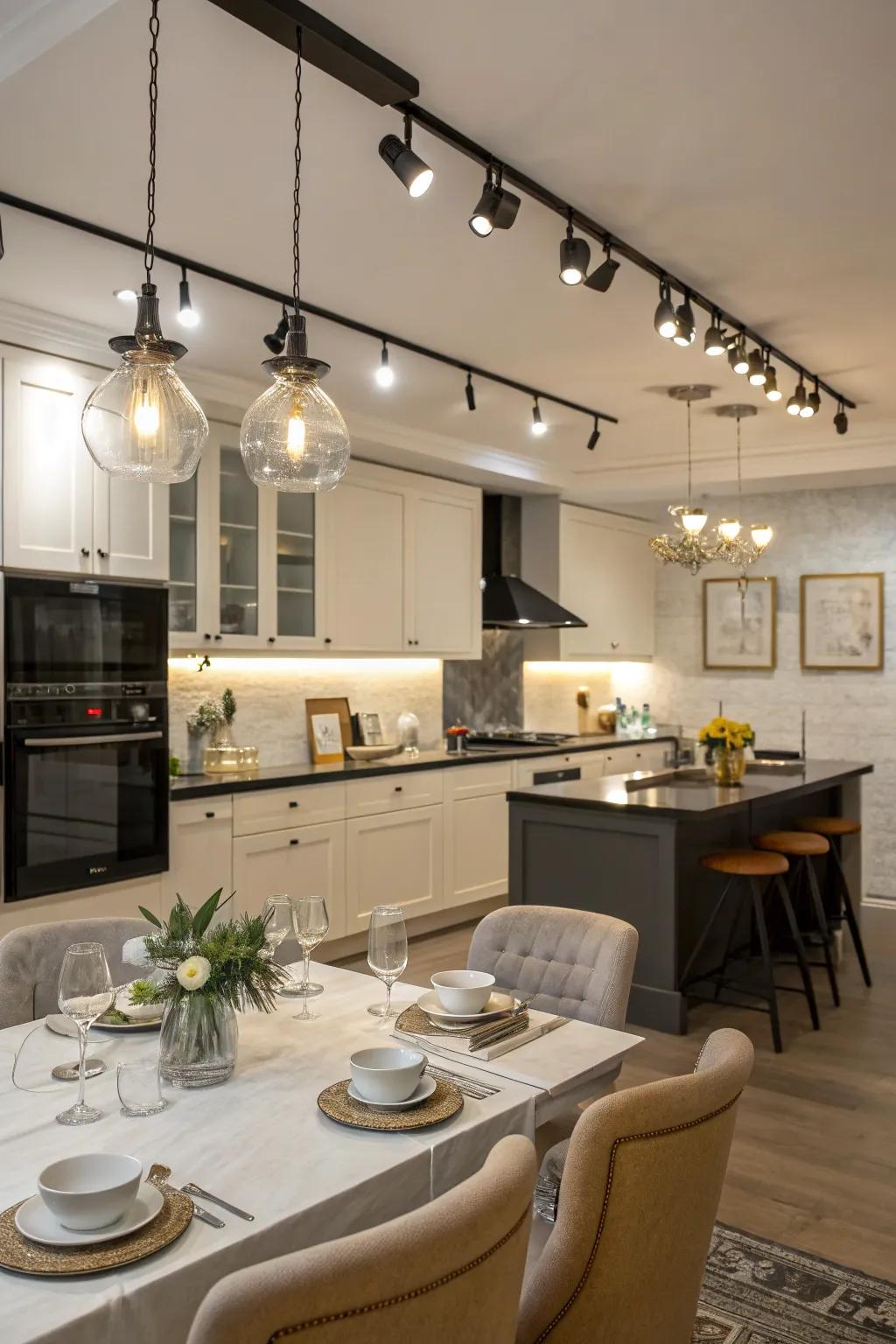Stylish fusion of track lighting and pendant lights in a kitchen