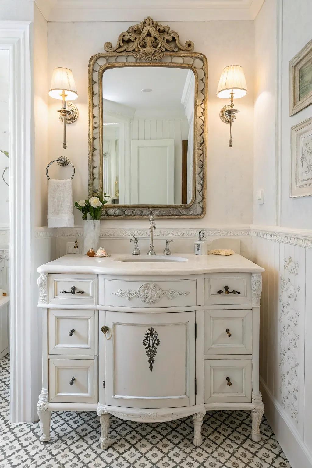 A white bathroom highlighting appealing vintage fixtures and a repurposed antique vanity.