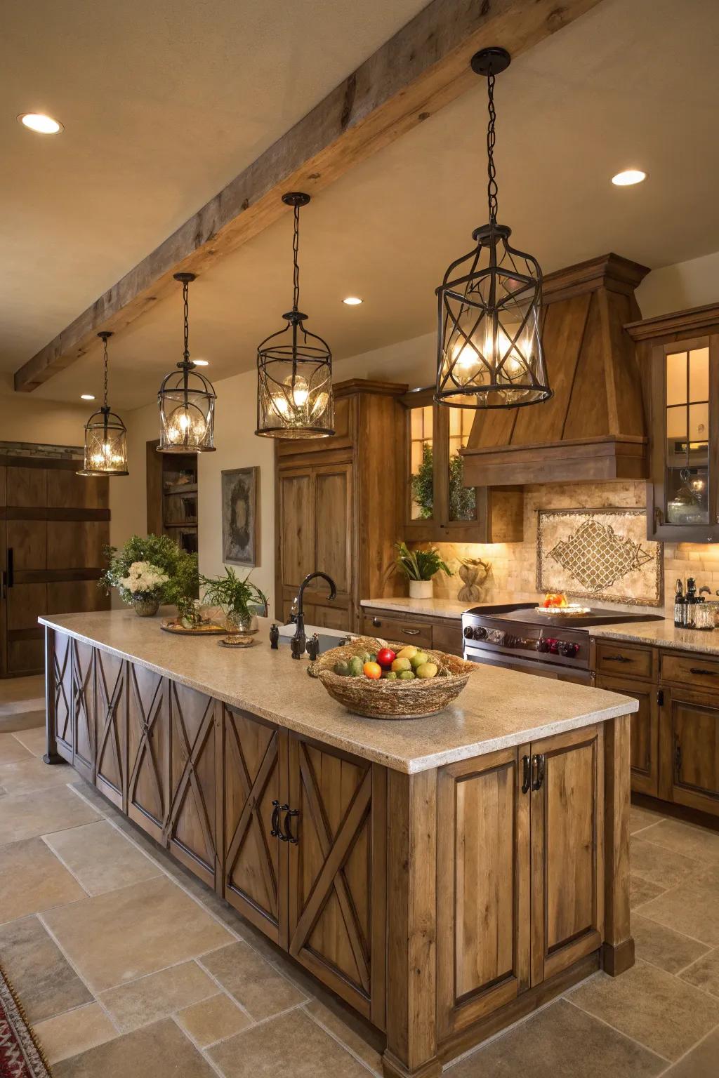 Hanging lights bring class to kitchen spaces.