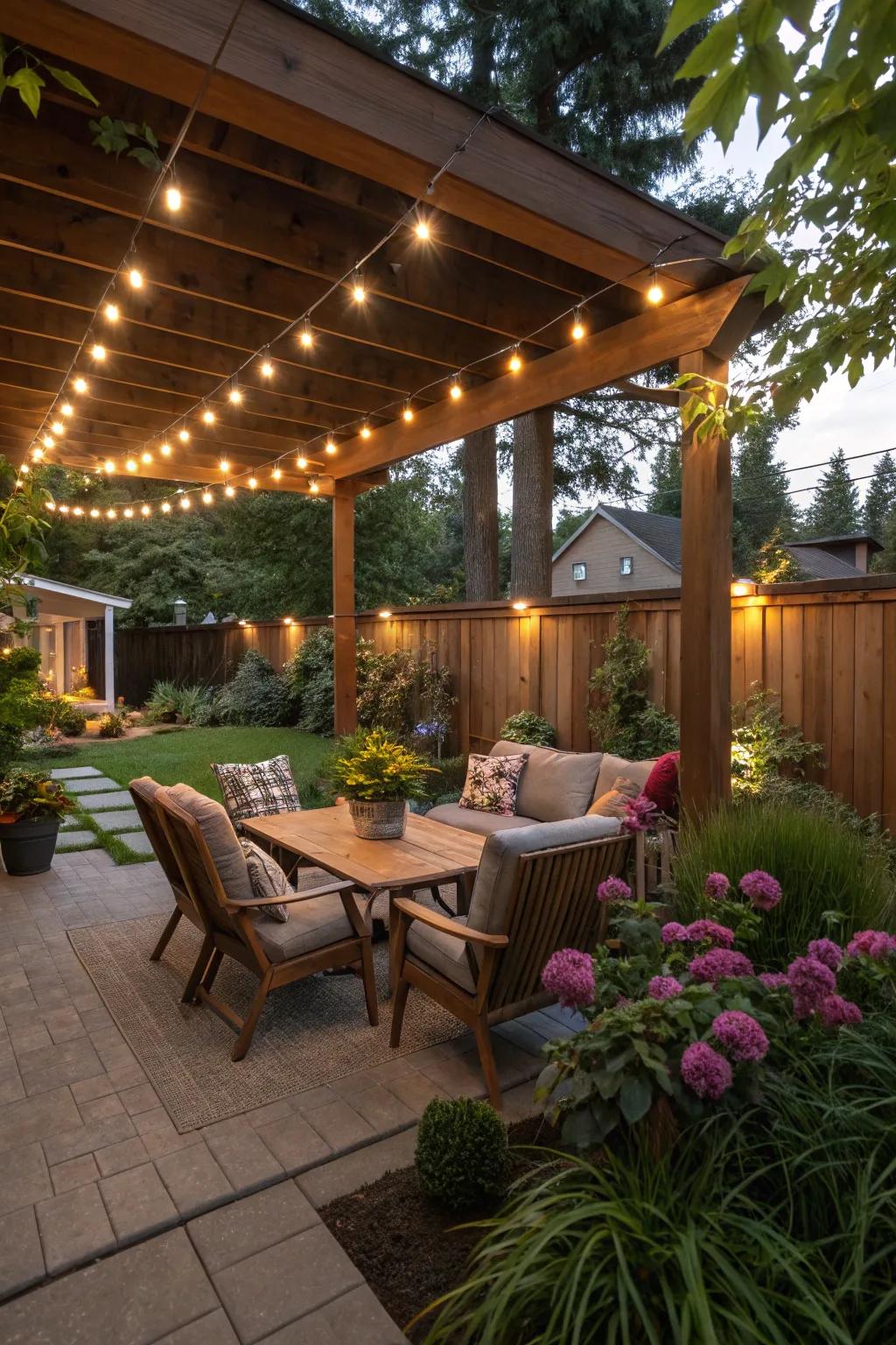 Soft lighting under the eaves sets a relaxing mood outdoors.