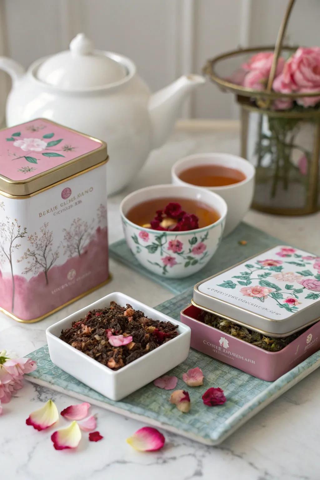 A selection of themed tea mixes, ideal for a Valentine's Day tea gathering.
