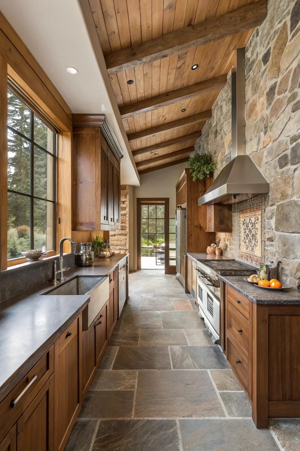 A mix of textures infusing richness into a broad galley kitchen.