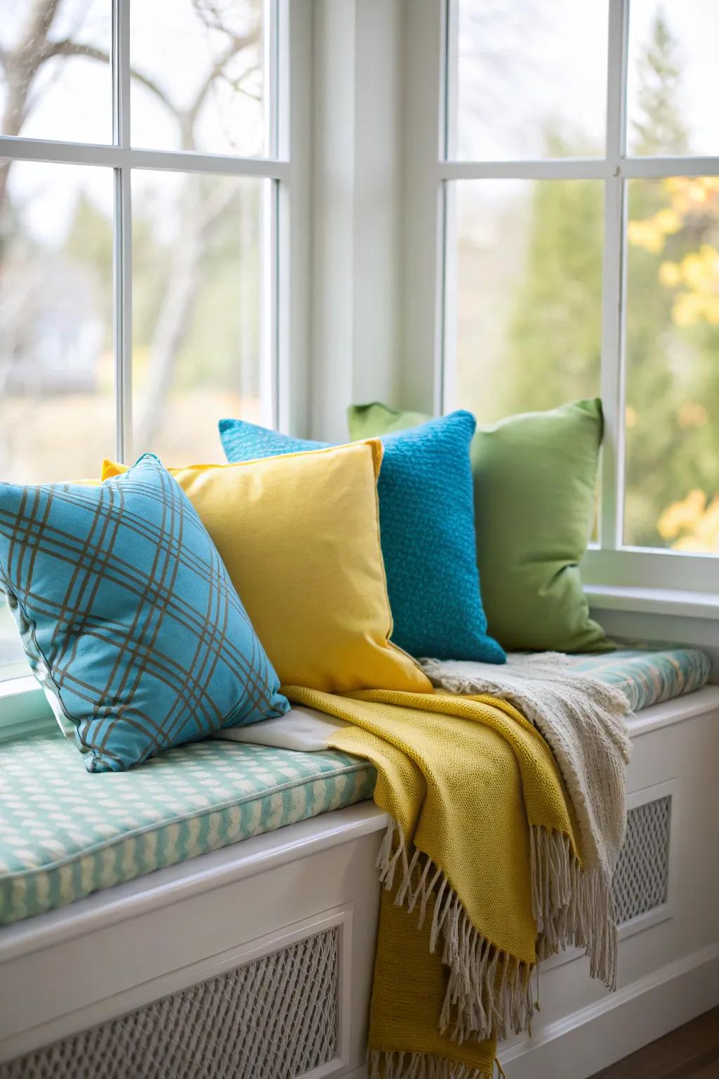 A window seat decorated with vibrant cushions and a cozy throw.