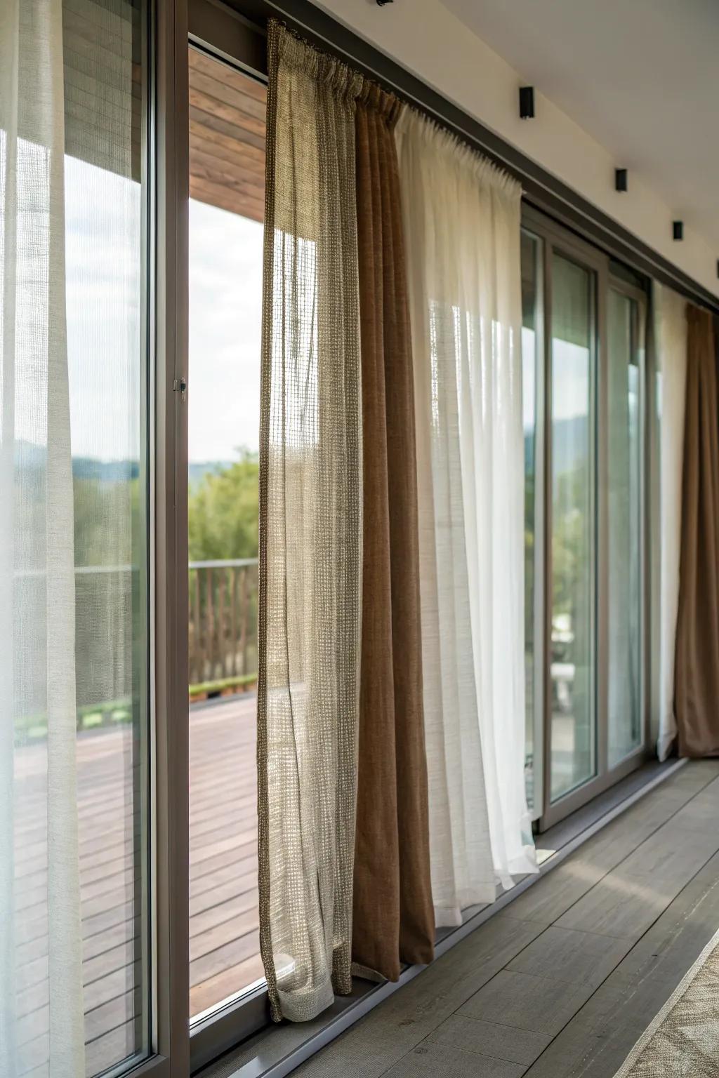 Layered curtains adding texture and depth to sliding glass doors