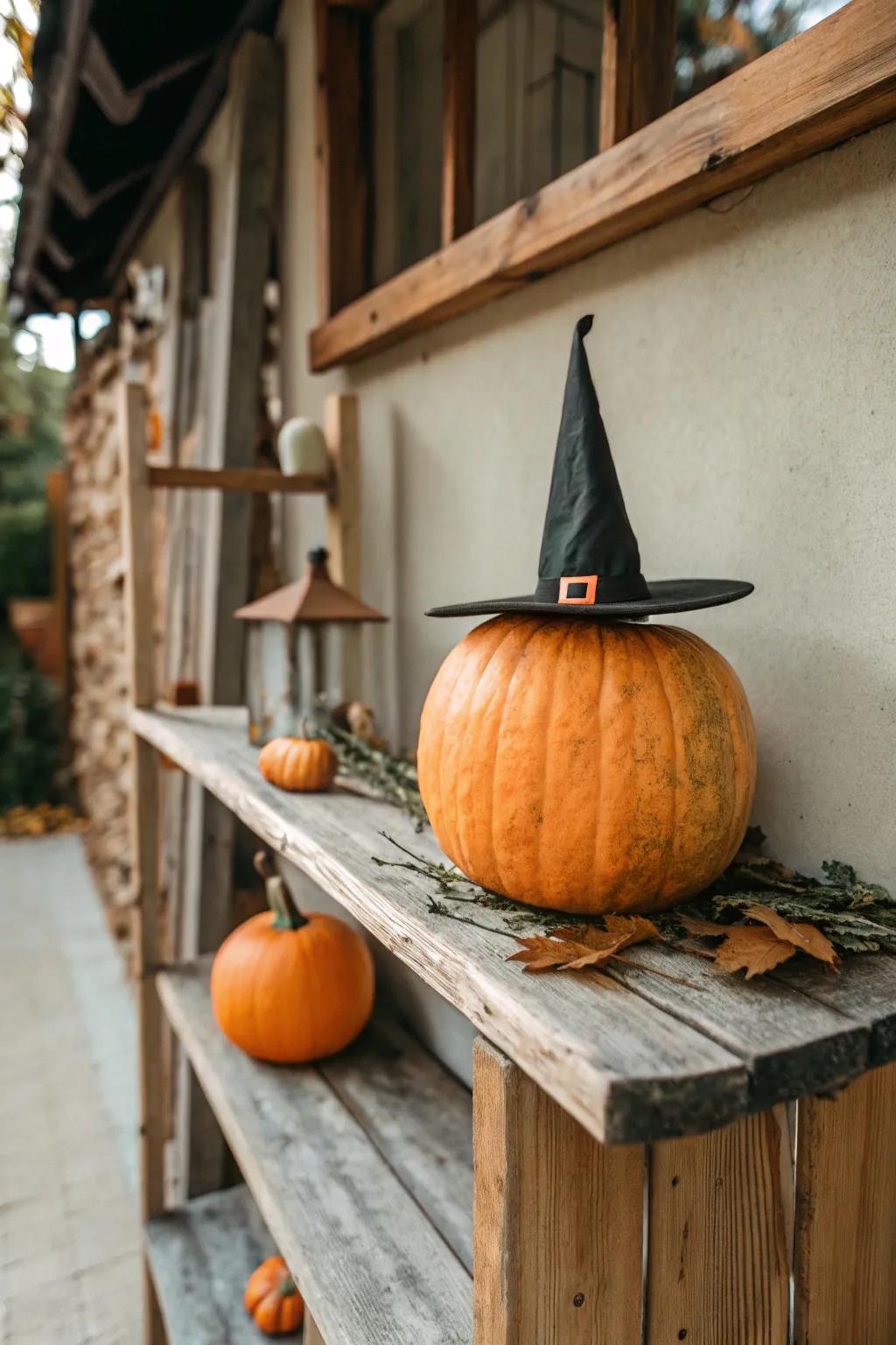 Pumpkin wearing an adorable mini witch hat.