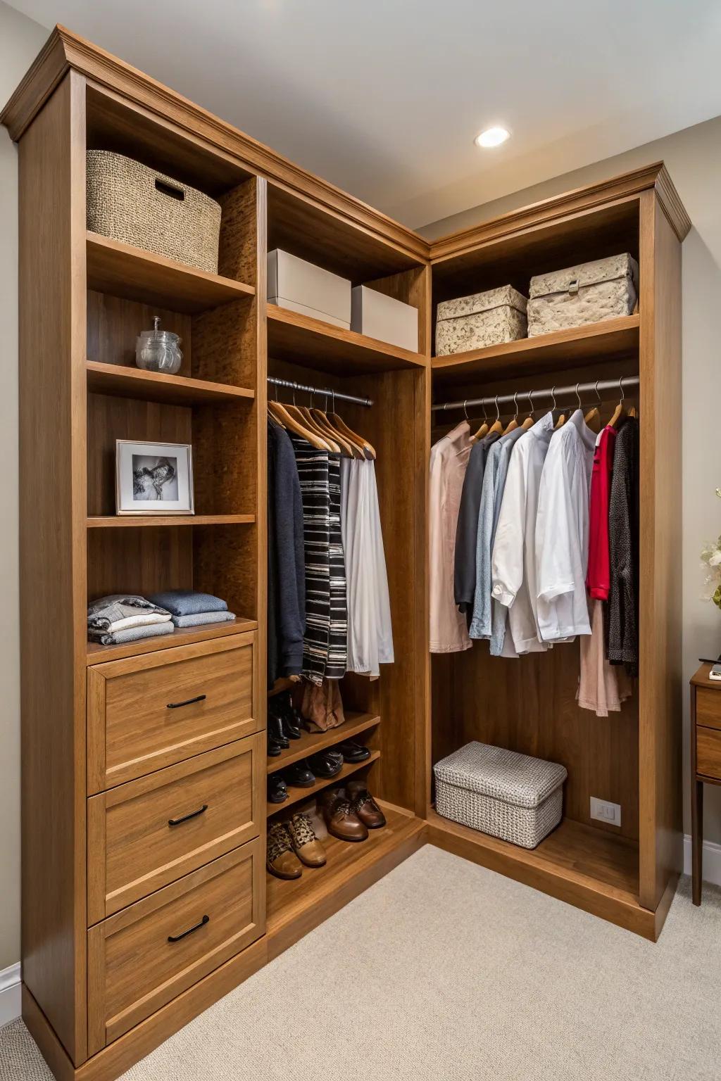 L-shaped layouts demonstrating stylish storage maximization.