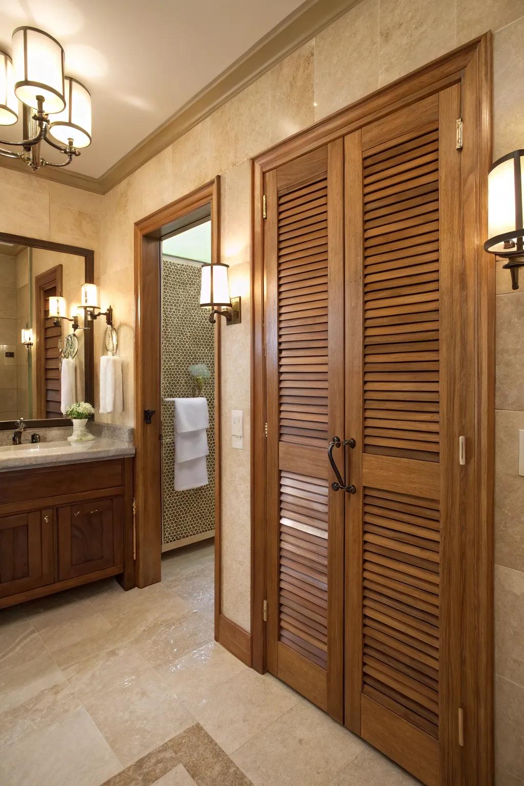 Slatted wood panels offer both personal space and aesthetic appeal.