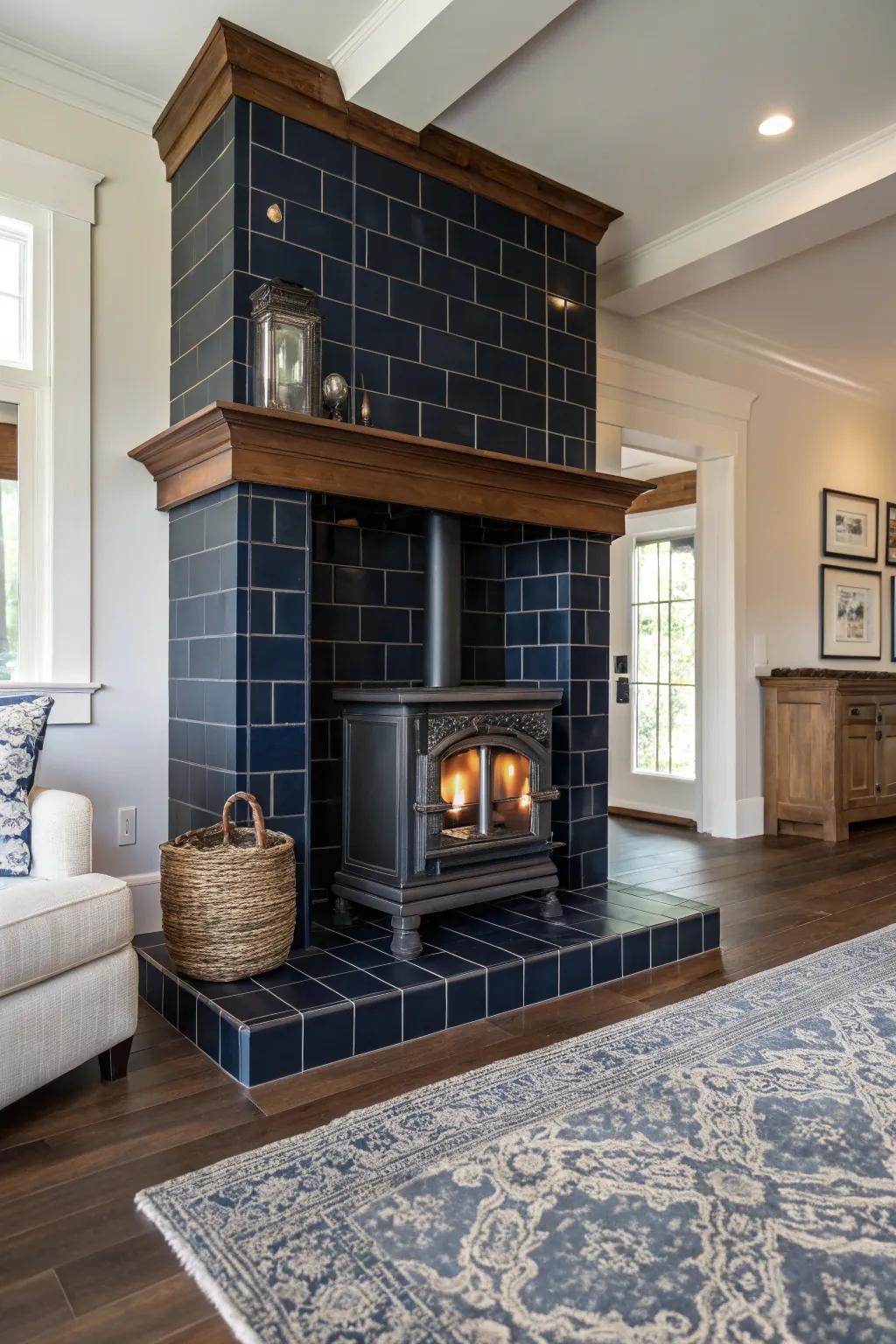 Shadowy tiles offer a strong and elegant background for your wood heater.