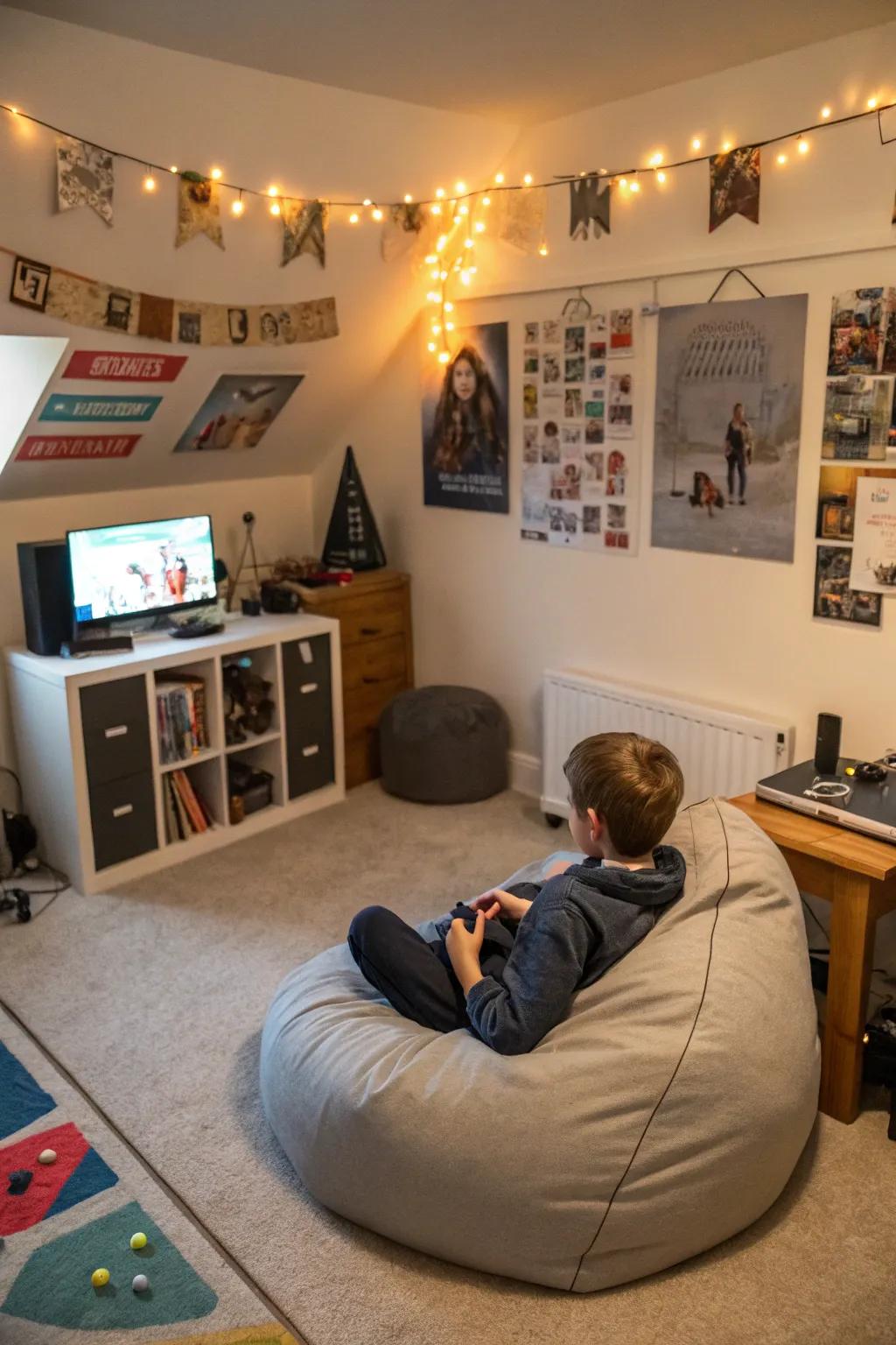 A gaming zone with bean bags offers a perfect spot for relaxation and play.