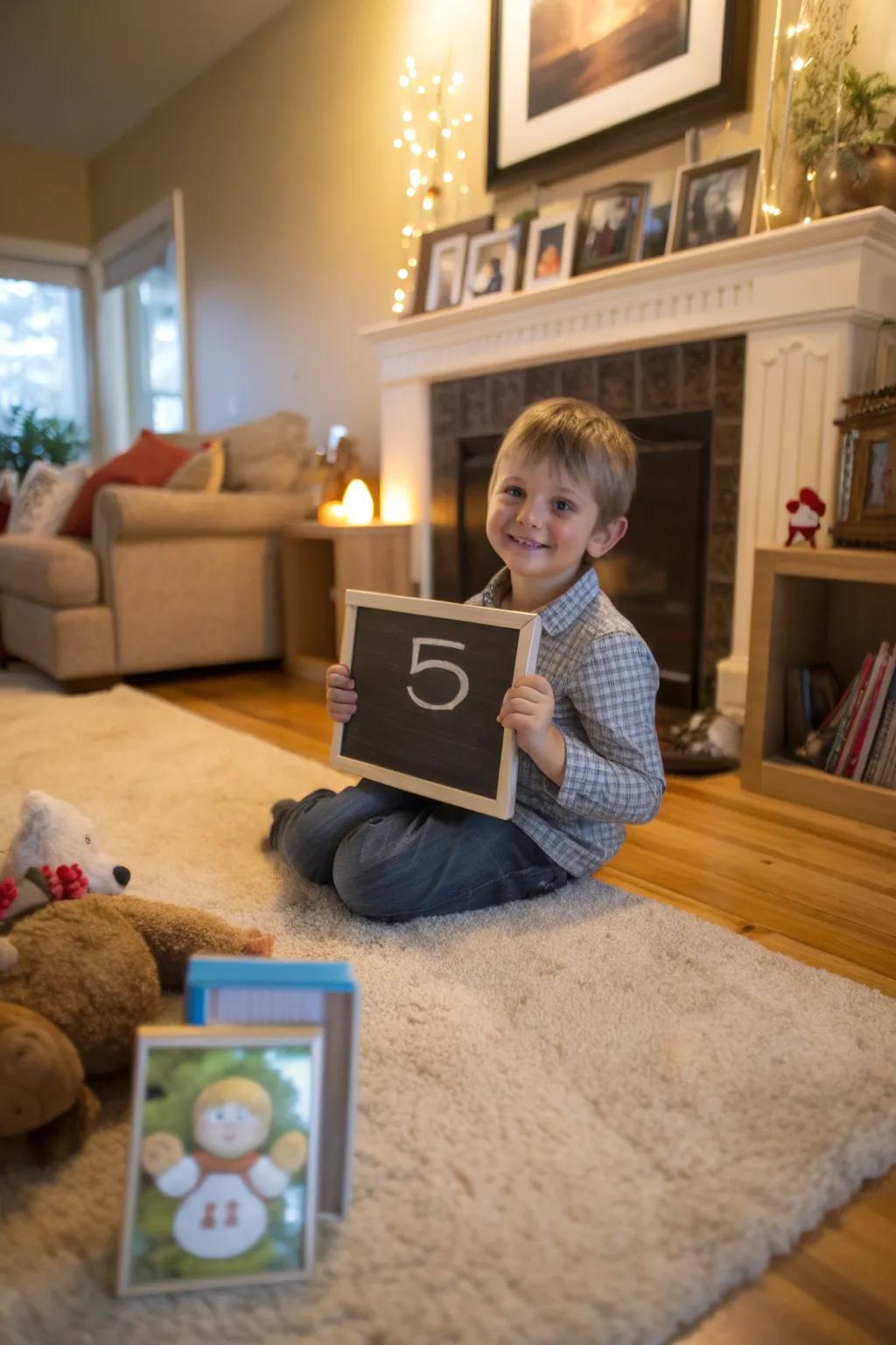 A chalkboard sign adds a personal touch to birthday photos.