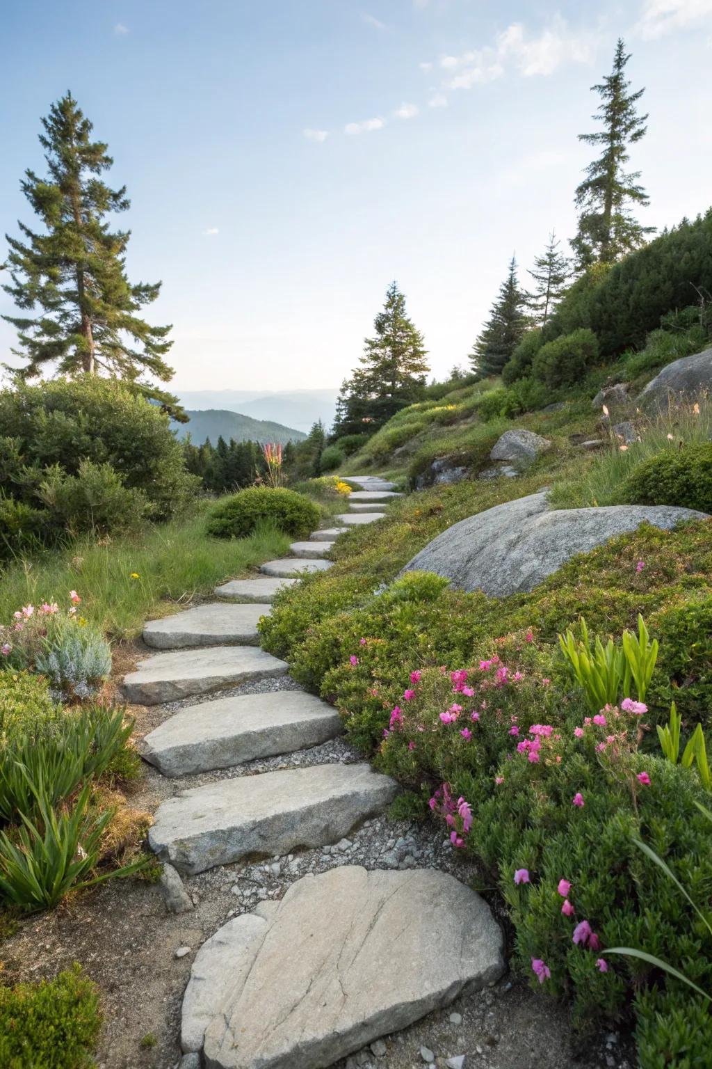 A serene pathway winding through an alpine wonderland.