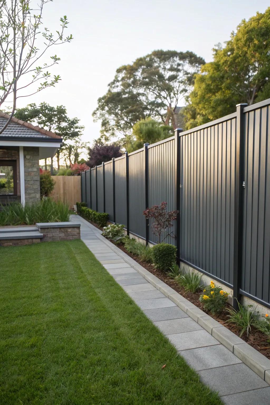 A modern metal panel fence adds industrial chic to the backyard.