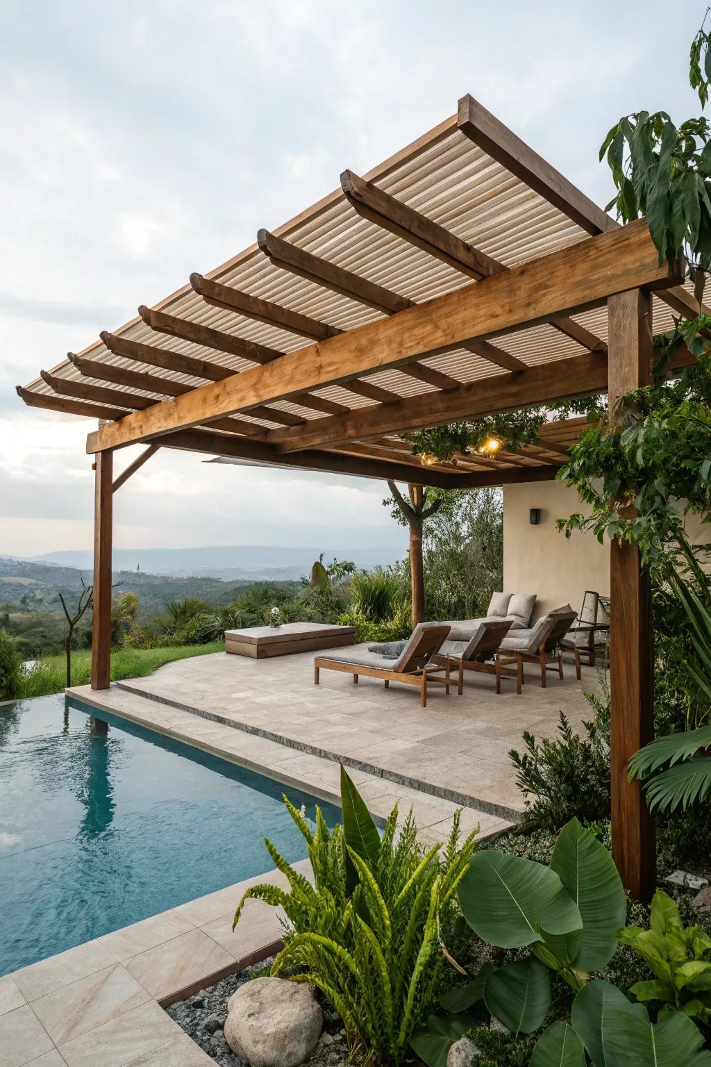 Solid roof pergola offers ample shade and shelter.