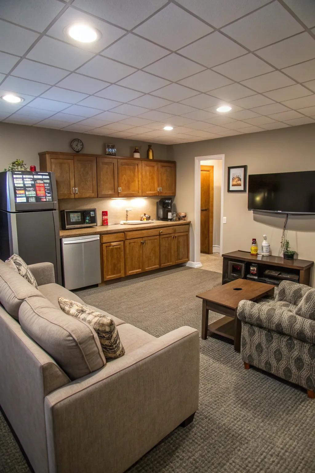 A versatile basement space featuring a lounge and kitchenette.