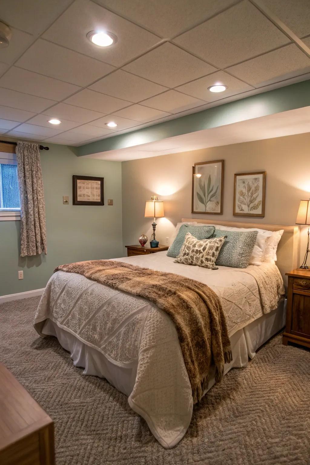 A luxurious guest suite in the basement with a cozy bed and ambient lighting.