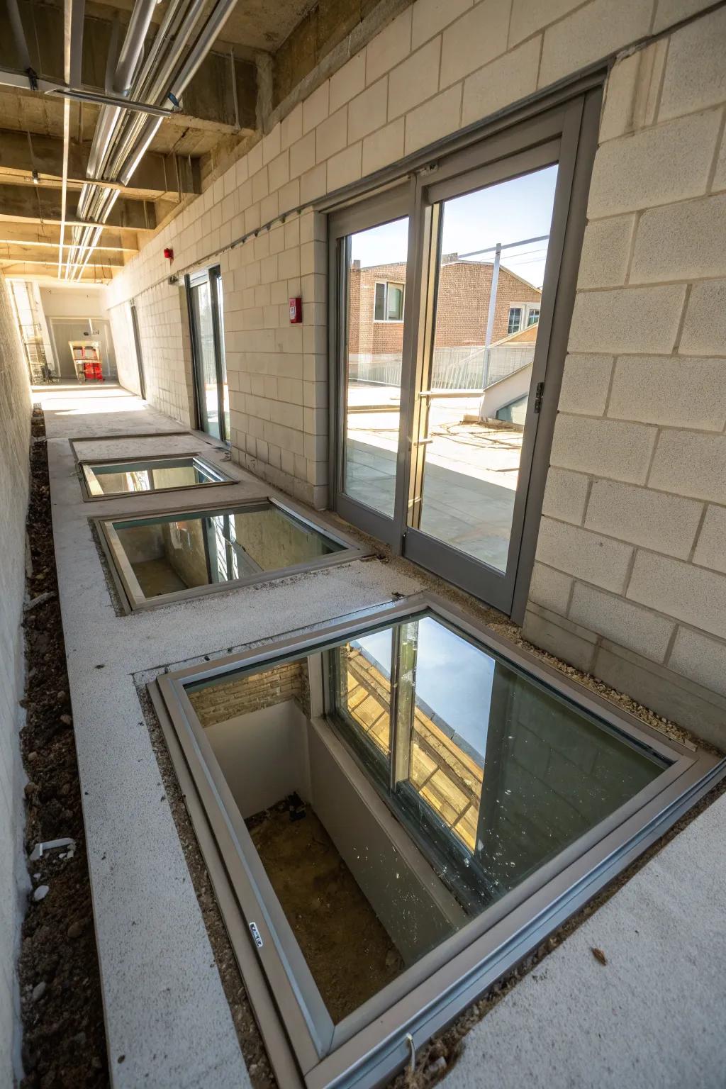 Mirrors strategically placed in a window well, enhancing light and creating an open, airy feel.