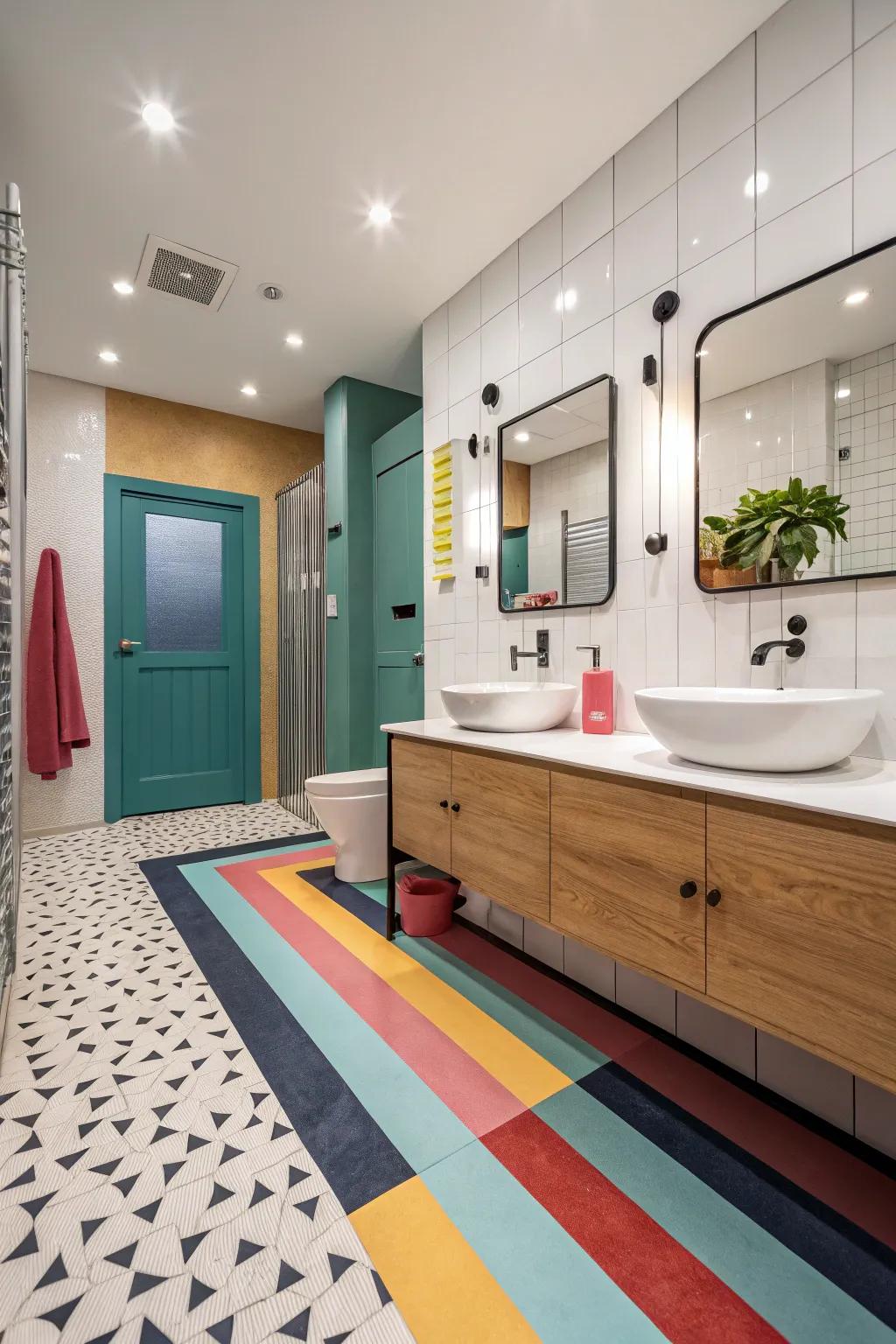 Colorful vinyl flooring brings contrast and vibrancy to this bathroom.