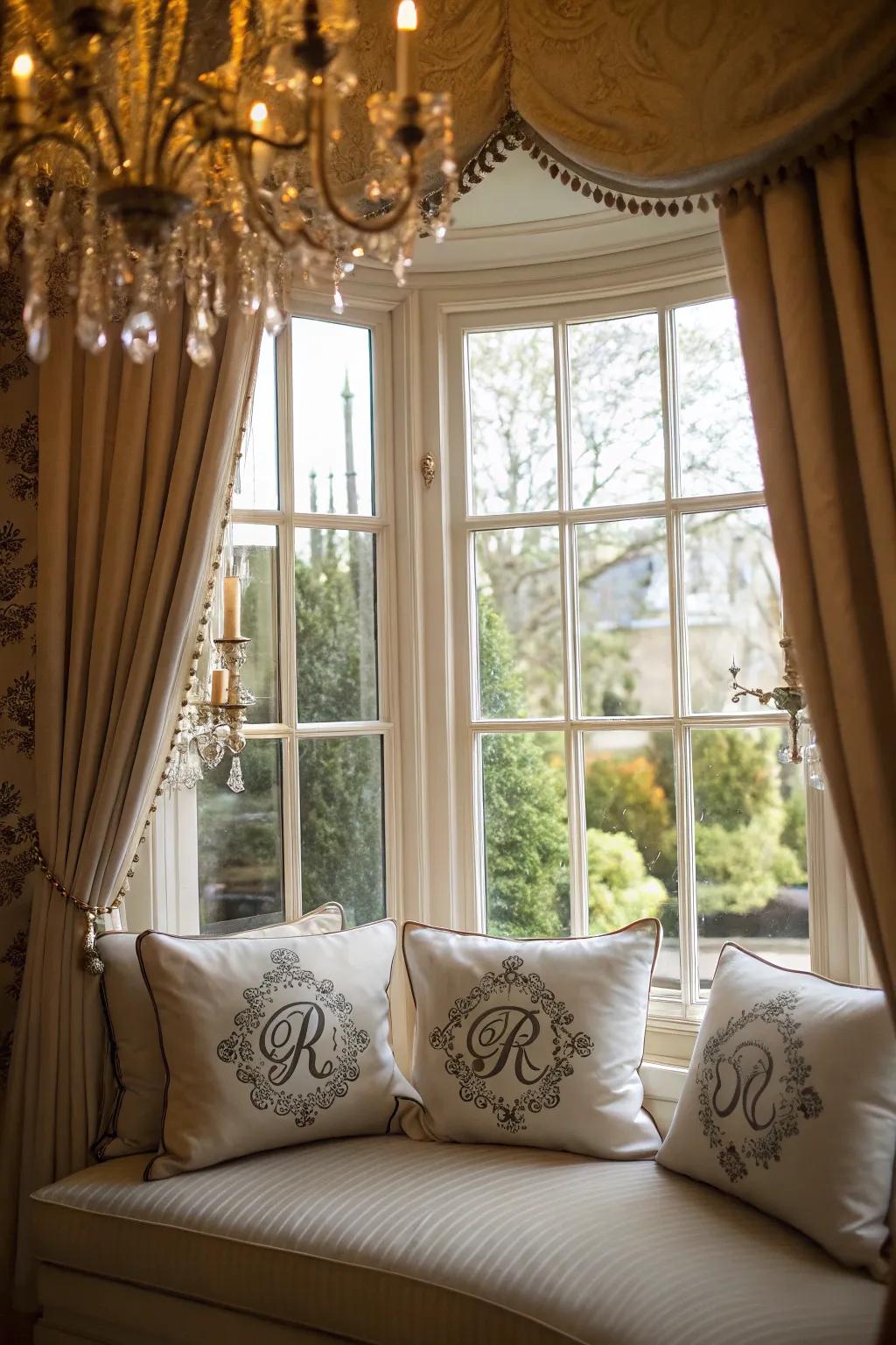 Monogrammed cushions give your bay window space a personal touch.