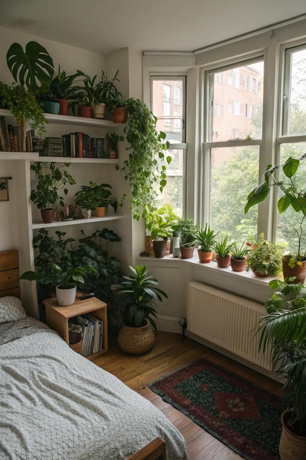 Notice how plants add a refreshing burst of natural beauty and airiness to this bedroom.