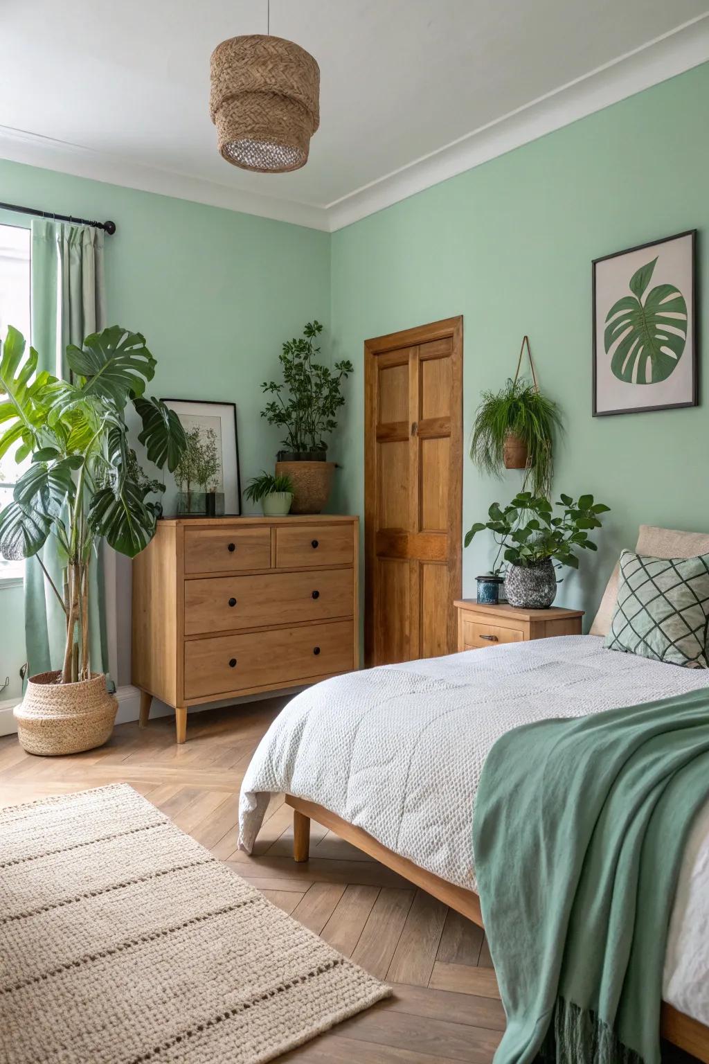 A refreshing sleeping quarter featuring light green walls that usher a hint of nature indoors.