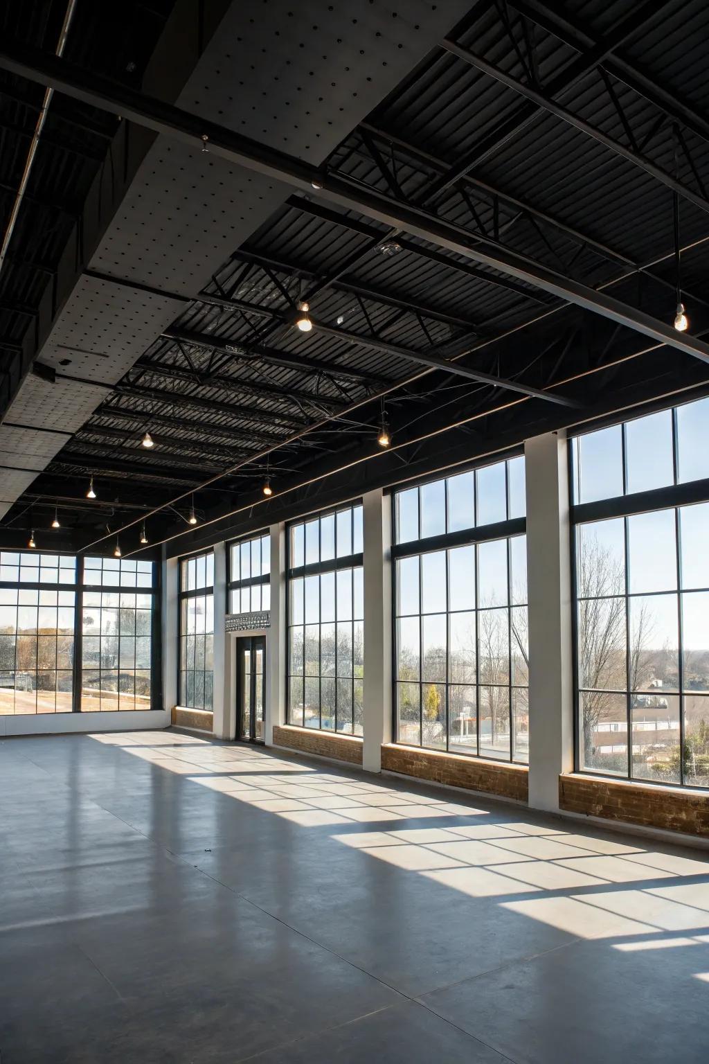 An open-plan space where a black ceiling adds equilibrium and drama.