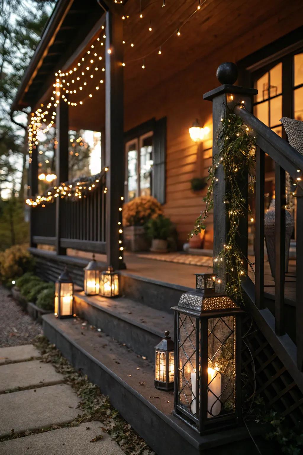 A black porch illuminated by warm lanterns and fairy lights.