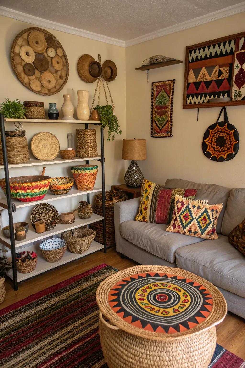 Handcrafted items showcasing cultural heritage add warmth.