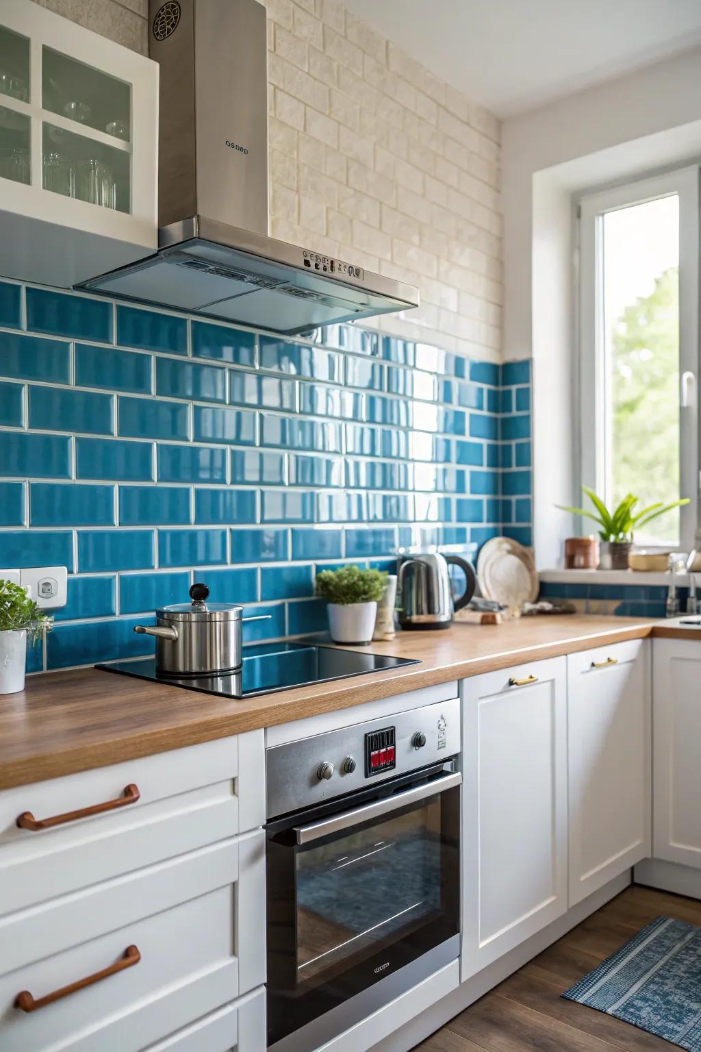 A lively blue backsplash enriches this kitchen's personality.