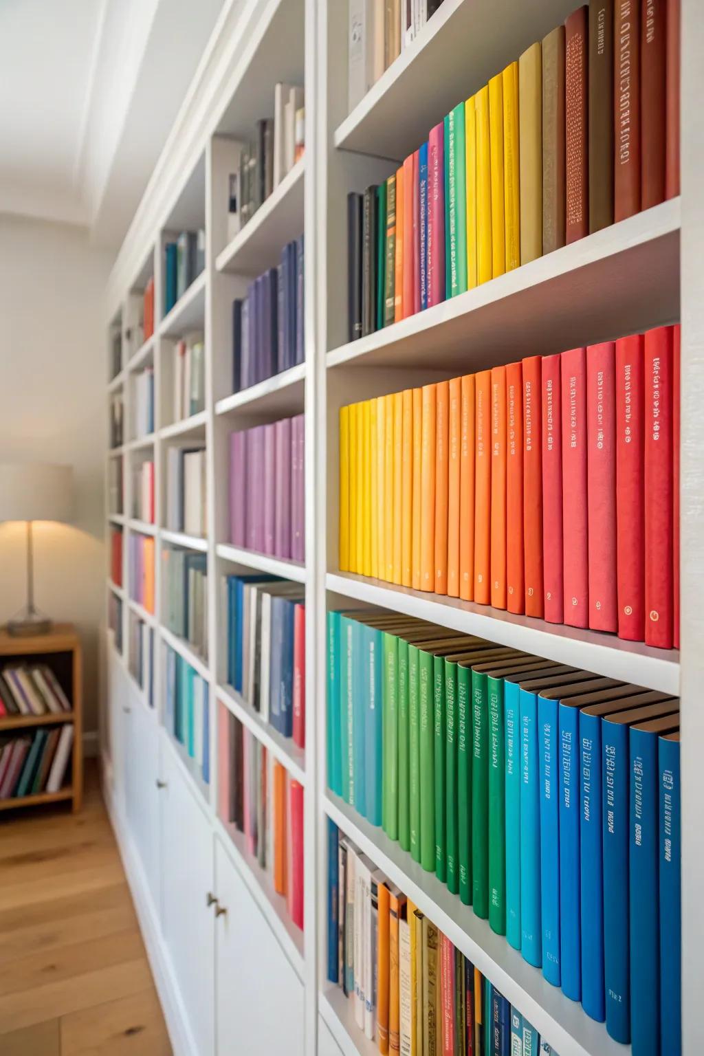 A visually striking bookshelf organized by color.