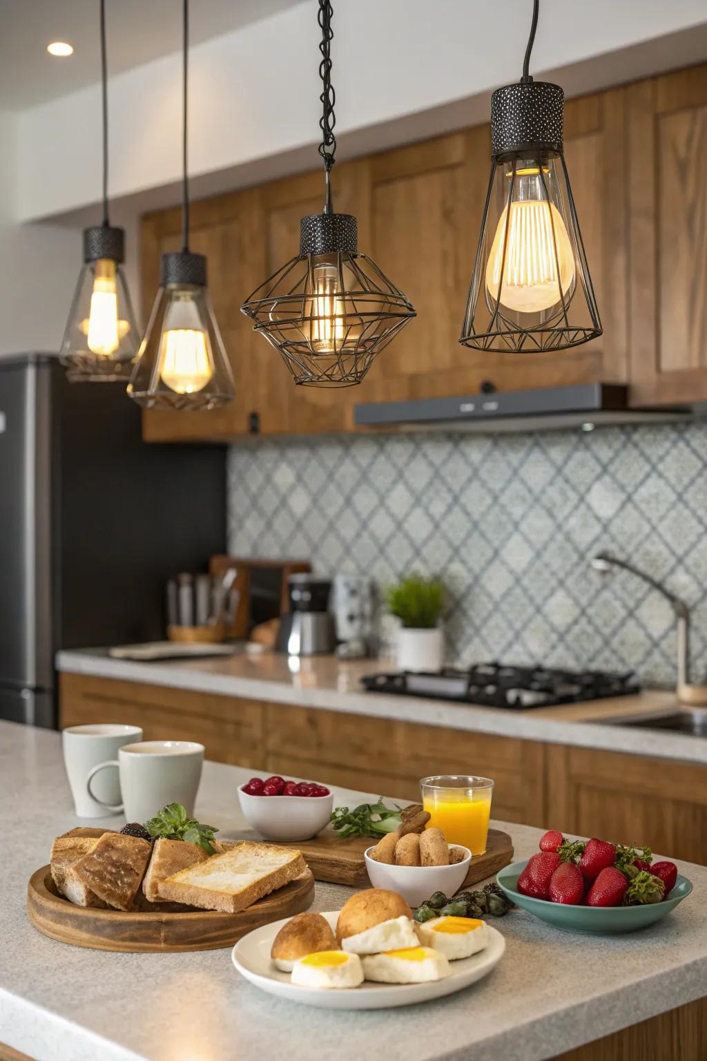 Elegant hanging lights illuminating a modern breakfast bar.