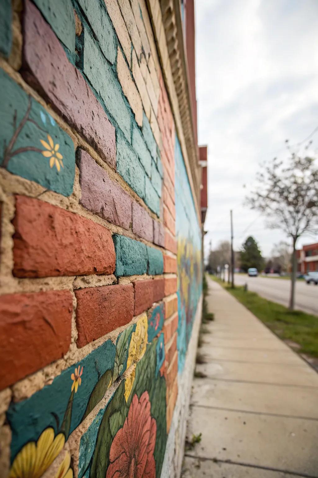 A dimensional artwork combines painted and natural brick features.