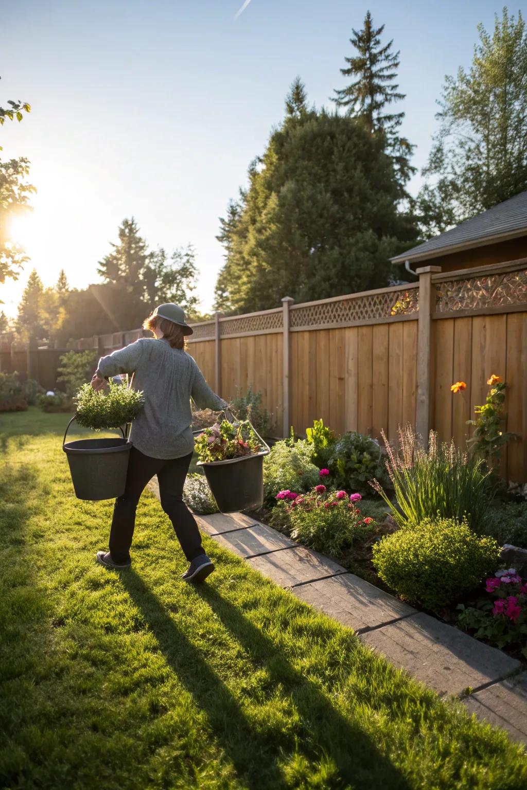 Buckets filled with plants being moved to soak up the sunlight.