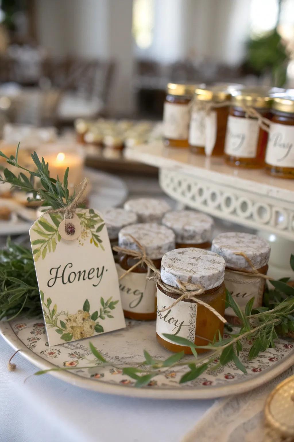 Delightful honey pots act as memorable party keepsakes.