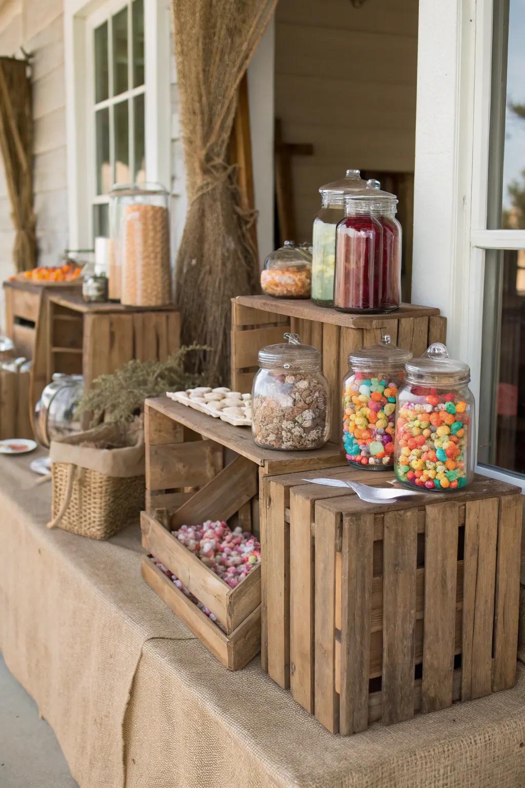 A rustic candy bar that brings warmth and simplicity to your celebration.