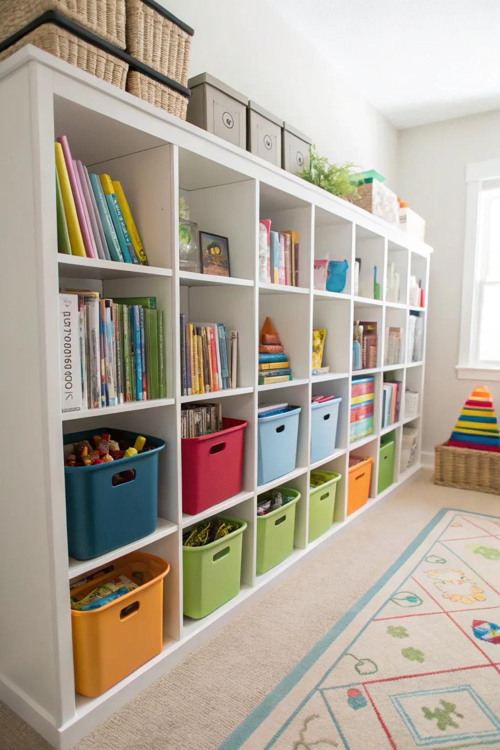 Cube shelves offer layout and neat storage.